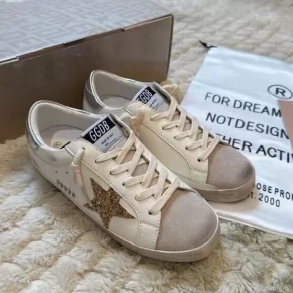 Golden Goose Shoes - Chic White Golden Goose Sneakers with Metallic Gold & Grey Laces